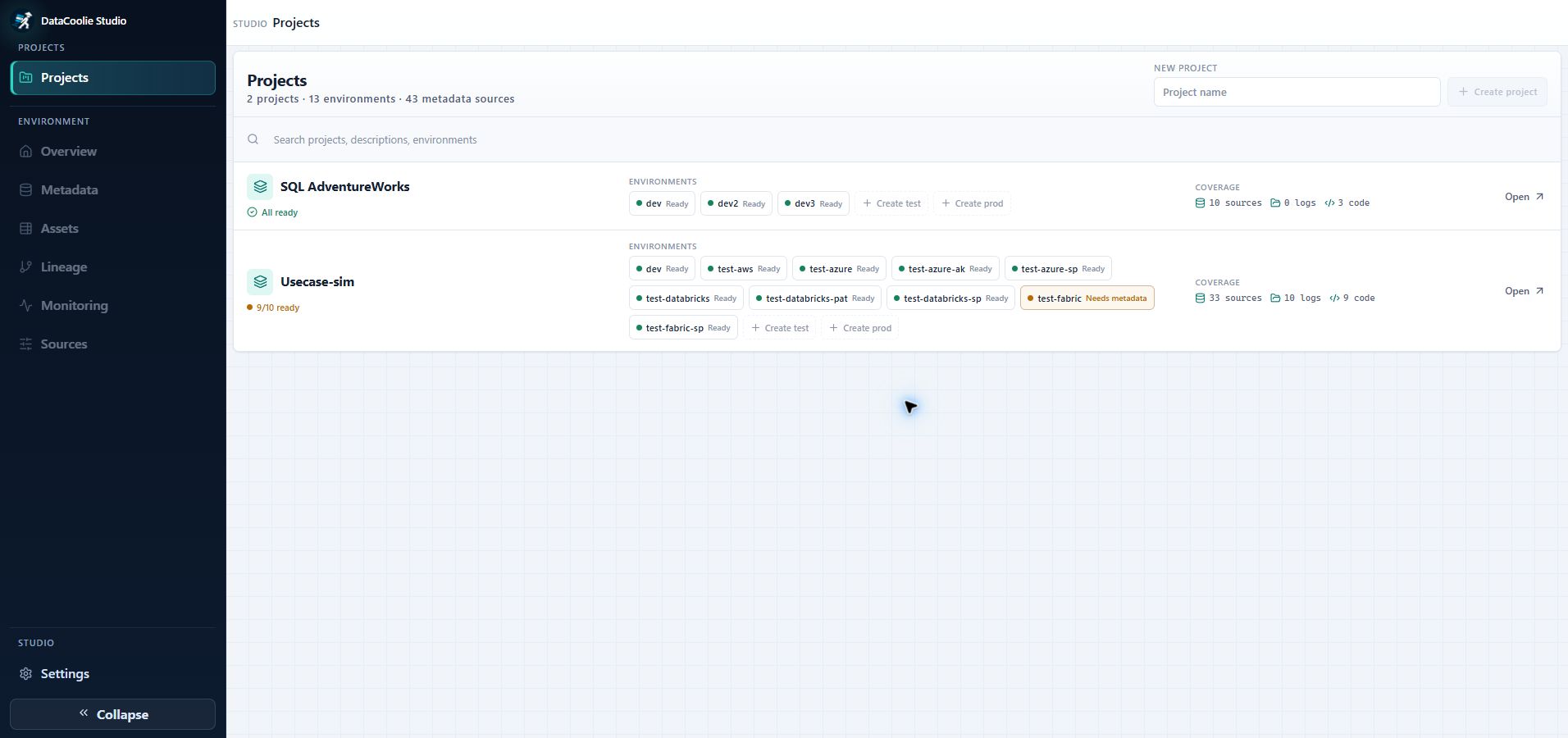 DataCoolie Studio Projects workspace showing project readiness, environments, metadata, lineage, and monitoring coverage