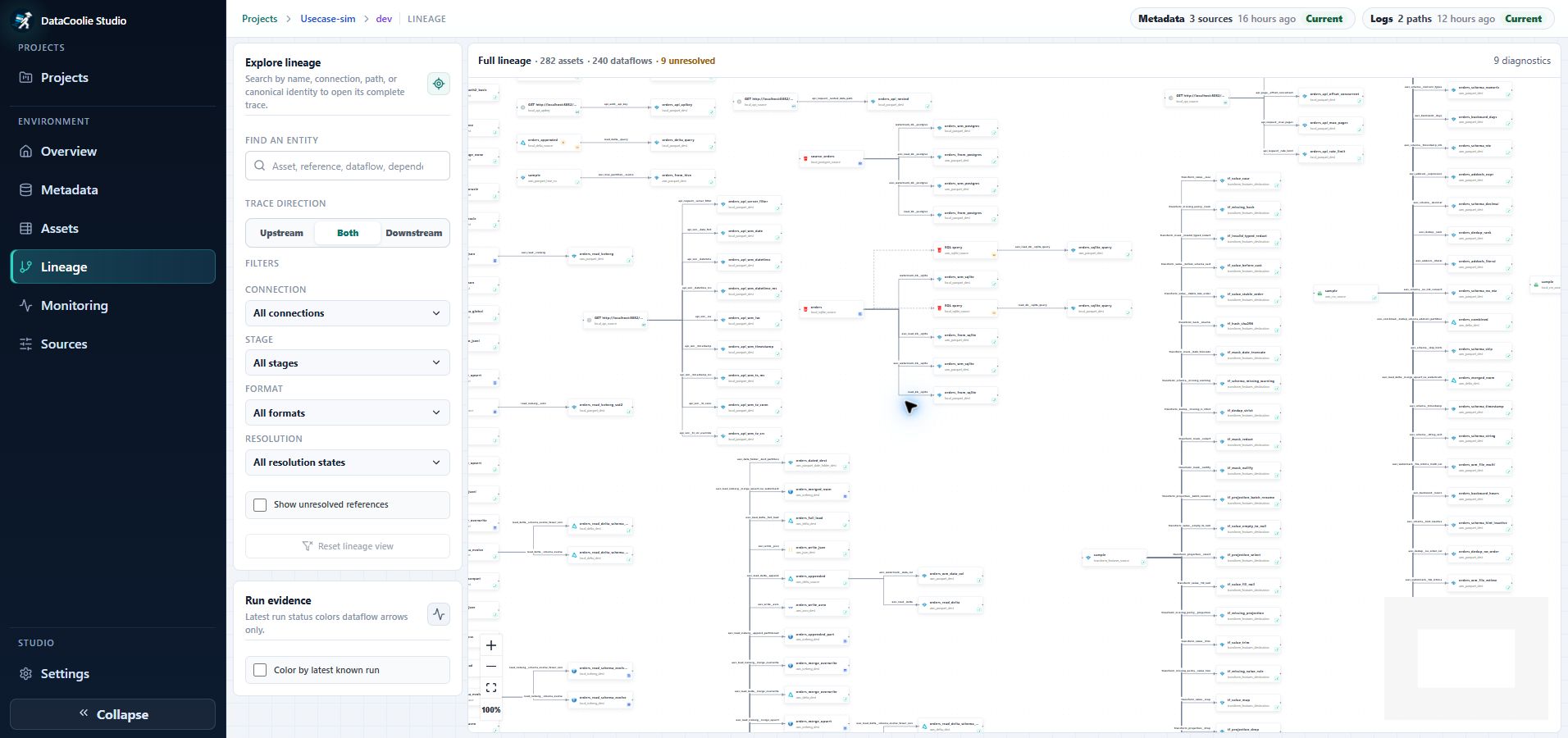 DataCoolie Studio interactive lineage graph with upstream and downstream asset relationships