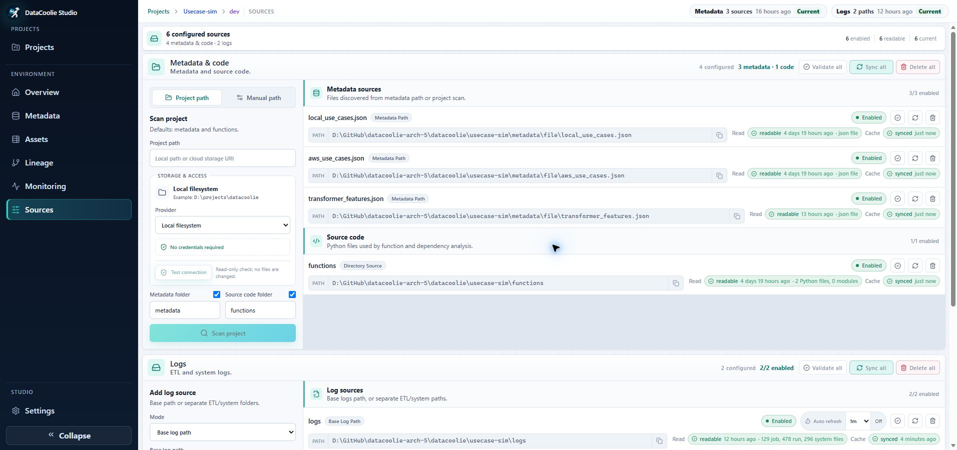 DataCoolie Studio Sources page with local and cloud bindings for metadata, Python code, and ETL logs plus read and cache status